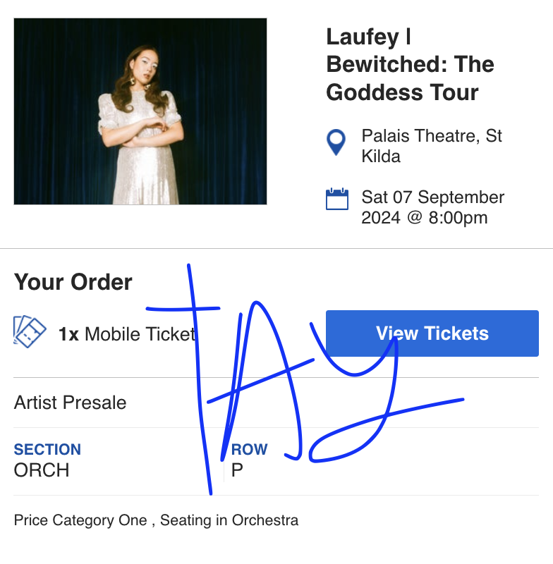 tayloredversion's tweet photo. wts selling 1x LAUFEY MELBOURNE ticket - saturday show single orchestra (!!!) seat - A$250 (tixel + bank) https://t.co/II0raE9u9L