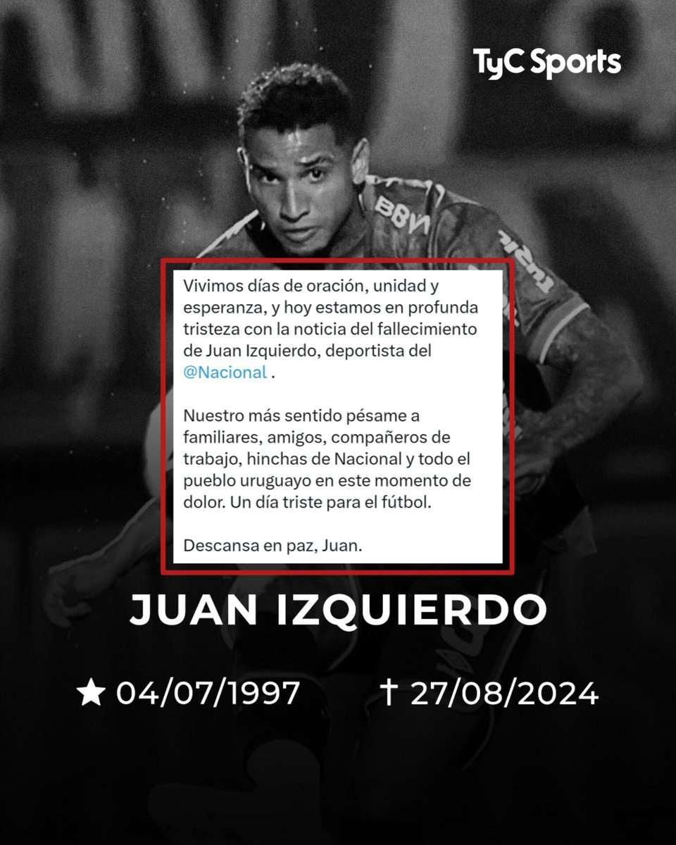 SAN PABLO DESPIDIÓ A JUAN IZQUIERDO

El conjunto de Brasil, rival de Nacional en los octavos de final de la #Libertadores, lamentó la partida del jugador del Bolso, quien sufrió un fatídico ataque cardiaco, la semana pasada en pleno campo de juego.