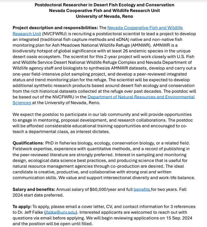 Lots of #InFish #PostDoc #JobAlert

University of Nevada–Reno, a postdoc (fall 2024) and PhD opportunity (spring 2025)