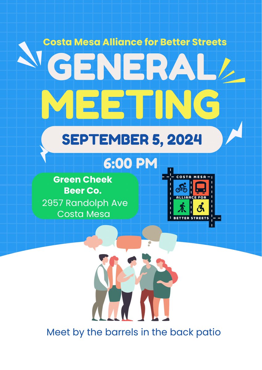 Come on out Thursday, September 5th to Green Cheek in Costa Mesa for our General Meeting! We have lots to discuss and can't wait to see you there!