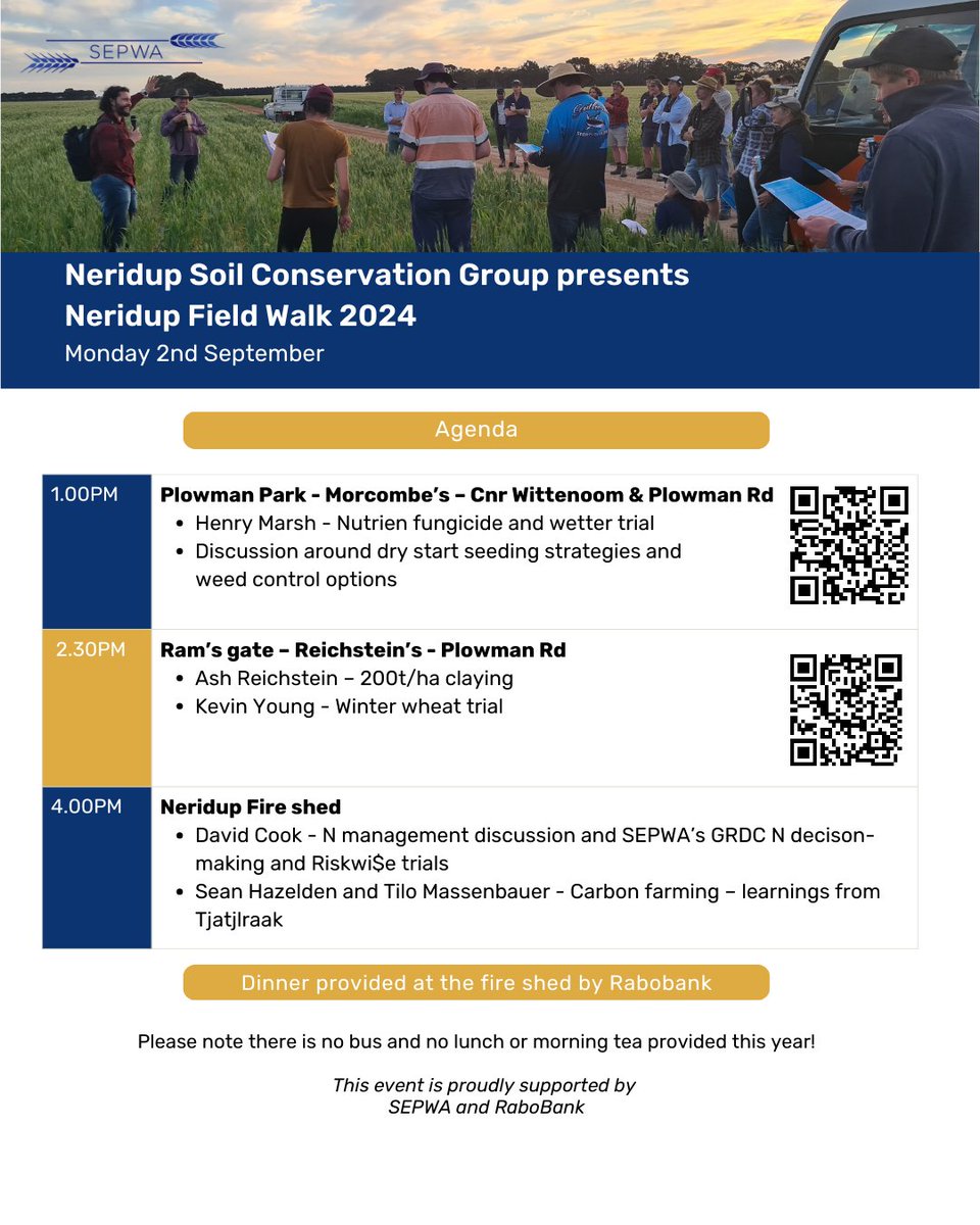 SEPWA_ag's tweet image. The Neridup Field Walk 2024 is just around the corner on Monday September 2.
The Field Walk will start at Morcombe’s Plowman Park at 1pm, before heading to Reichstein’s Ram’s Gate, ending at the Neridup Fire Shed at 4pm.
Dinner will be provided at the fire shed.