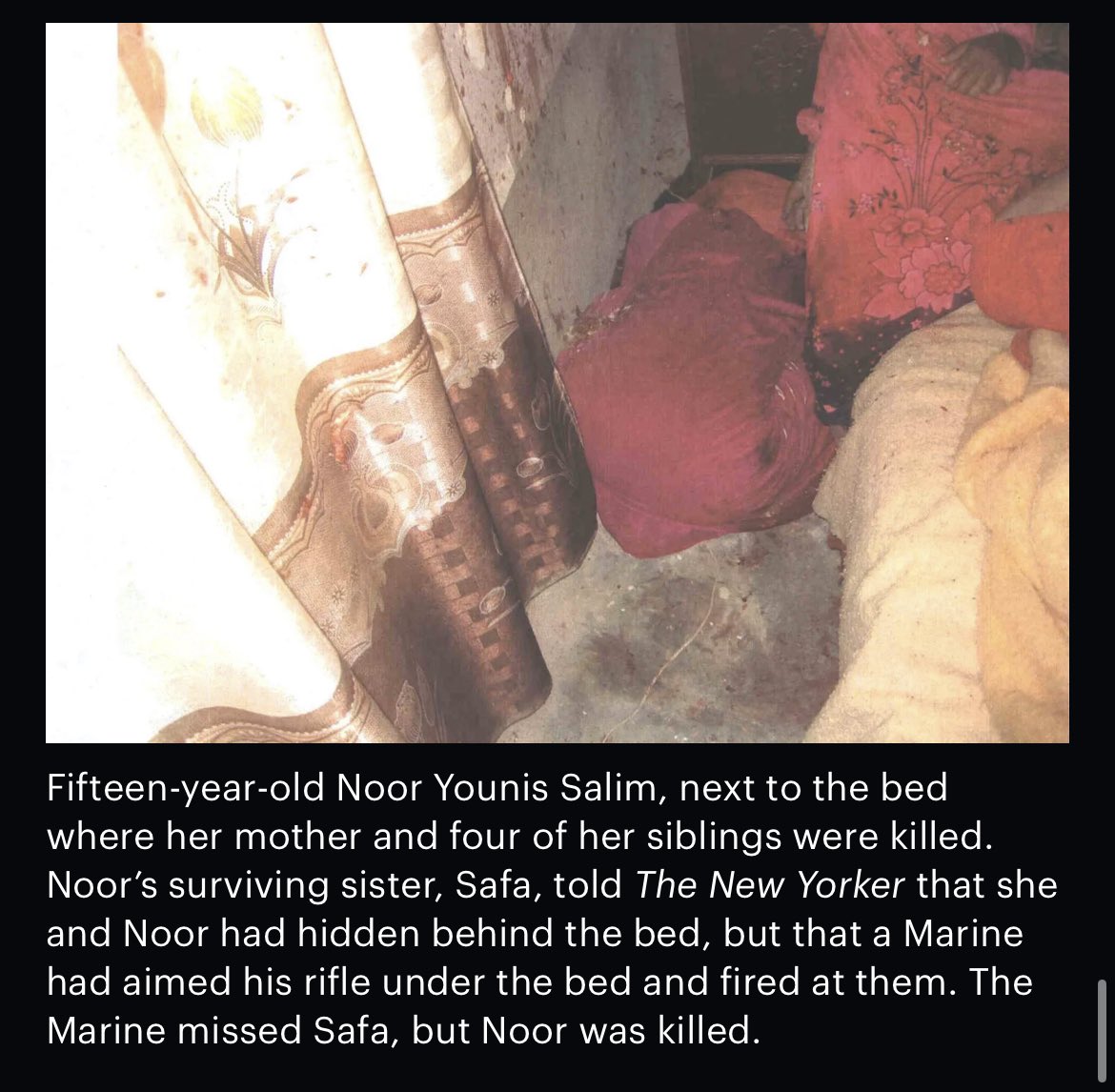 BREAKING 

After 19 years, photos of the Haditha Massасre were leaked to the New York Times. 

US marines executed 24 Iraqi civilians. 

They murdered entire families at point blank range, including the infants.

They had to watch each other die. 

May every soldier involved burn