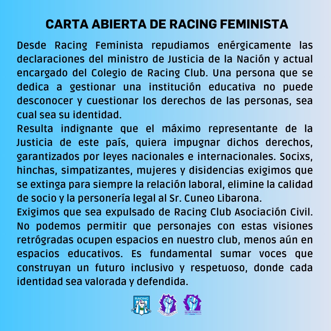 RacingFeminista's tweet photo. Desde Racing Feminista repudiamos las recientes declaraciones del Ministro de Justicia y actual responsable del Colegio @RacingClub, Mariano Cuneo Libarona. https://t.co/ii53KTq8Sg