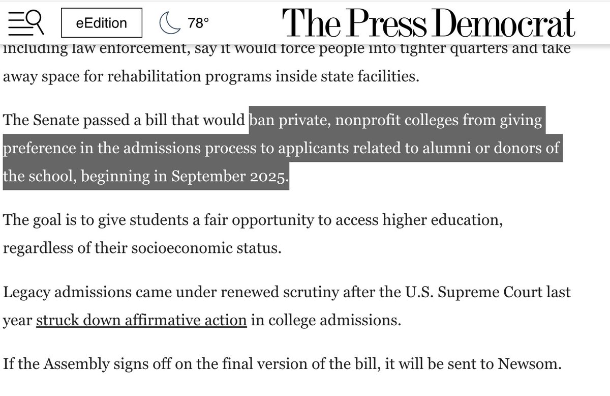 Big, breaking news:  The CA Senate voted to ban legacy and donor preferences at private colleges today.  

Now, it goes back to the assembly to approve the amendments to the bill it already passed, and then it's off to be signed by Gov. Newsom.
