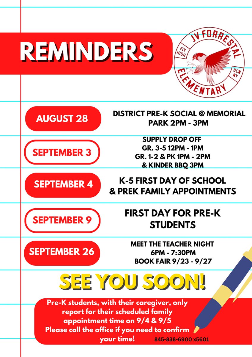 Tomorrow, Wednesday August 28th PreK Popsicle &amp; Play 2-3 @ Memorial Park and then…. 

Full swing ahead into the 24-25 school year! Here are some reminders for the start of school!