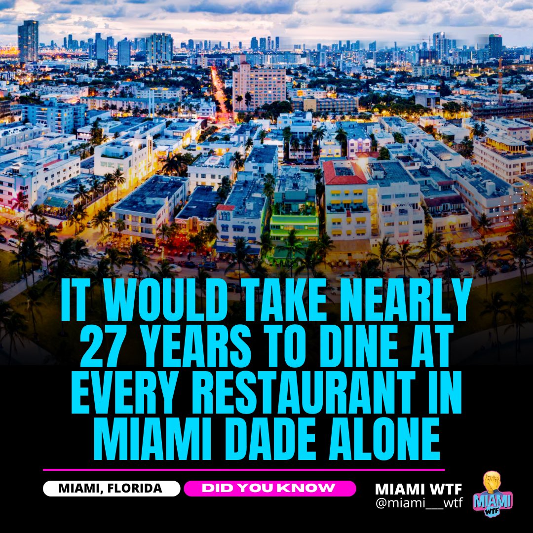 There are 10,000 restaurants in Miami

If you eat at 1 different restaurant daily
It would take you over 27 years to eat at
every single restaurant, small cafeterias,
Food Eateries, Food Trucks and Stands!!

And you’ll still be missing 280 restaurant

If you eat at 2 different