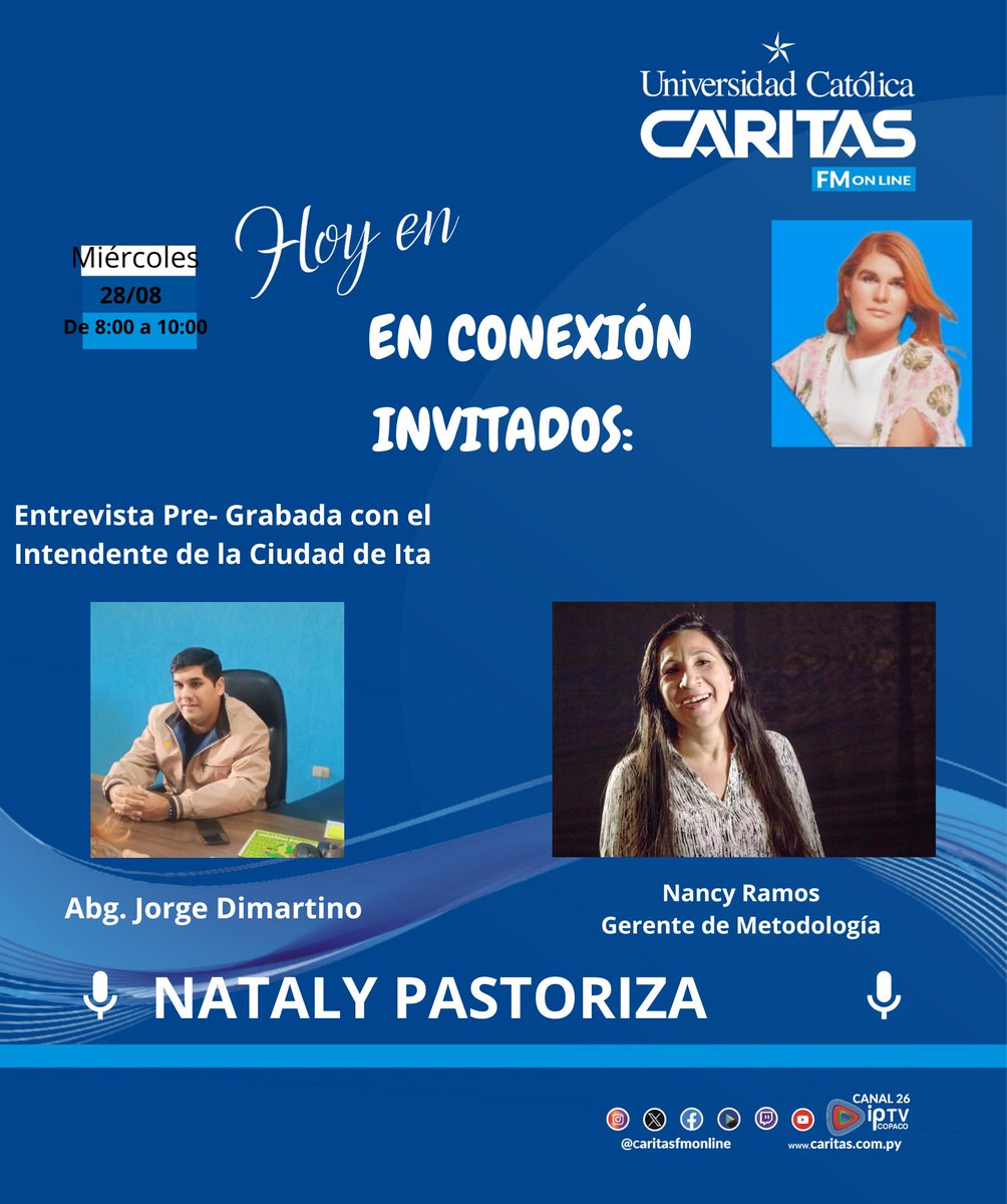 🔹️Hoy, Miércoles 28 de agosto en el programa #Conexión que conduce Nataly Pastoriza tendremos una entrevista pre-grabada con el Intendente de la ciudad de Ita el Abg. Jorge Dimartino con quien hablamos sobre varios temas. Luego estaremos con Nancy Ramos Gerente de Metodología.