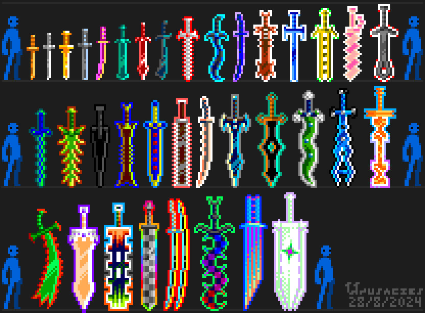 I maybe should not sprite for a whole day but hey managed to sprite swords based on those Nuchemic metal bars, I was jokingly thinking 1 more pixel per level and eventually its like 2 people tall lol.