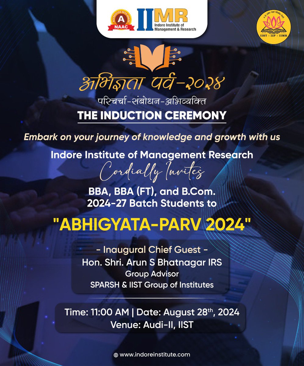 IISTIndore's tweet photo. 🌟 Embarking on a Journey of Knowledge and Innovation #IndoreInstituteofManagementResearch welcomes the bright minds of the #BBA, #BBAFT, and #BCom. 2024-27 batch to Abhigyata-Parv 2024. #IIMR https://t.co/Cr3vBJLjlZ