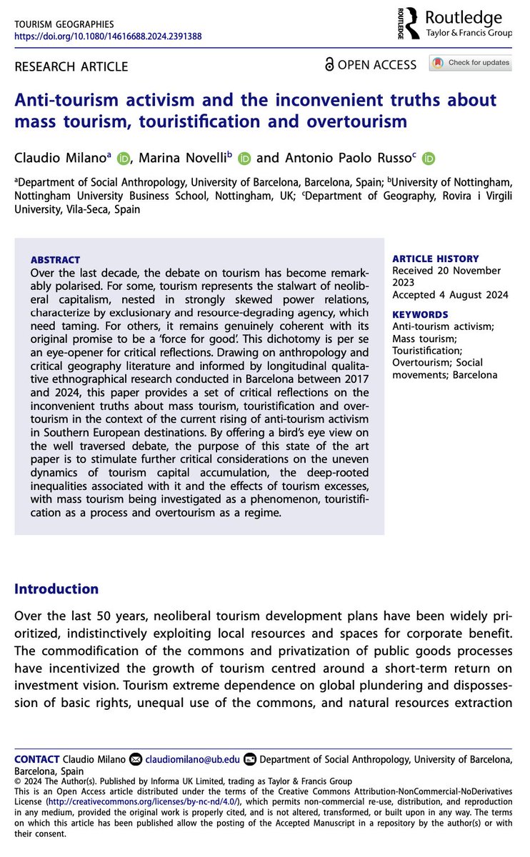 HOT OFF THE PRESS!
🗣️ There is a great need to undertake longitudinal research to deeply understand the resurgence and activism against touristification in Mediterranean cities 🧵 (1/4) tandfonline.com/doi/full/10.10…