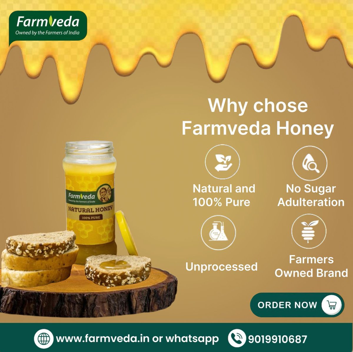 Experience the purity of nature with Farmveda Honey - 100% natural, unprocessed, and free from sugar adulteration. 
Order now for a sweet and healthy addition to your meals! 🍯🥖

Visit: farmveda.in or WhatsApp: 9019910687

#Farmveda #NaturalHoney #PureHoney