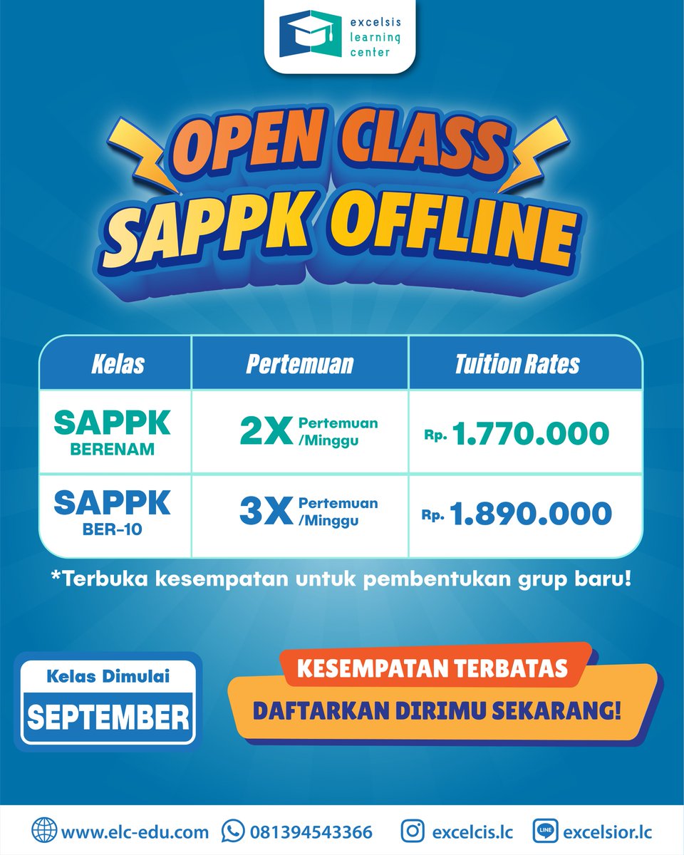 excelsislc's tweet image. 📢OPEN CLASS SAPPK OFFLINE 📢

✅SAPPK Berenam : 1.770.000 2X Pertemuan/Minggu
✅SAPPK Ber-10 : 1.890.000 3X Pertemuan/Minggu

[KELAS DIMULAI SEPTEMBER 2024]

#institutteknologibandung #itb #tpbitb #bimbeltpb #bimbeltpbitb #sappk #sappkitb