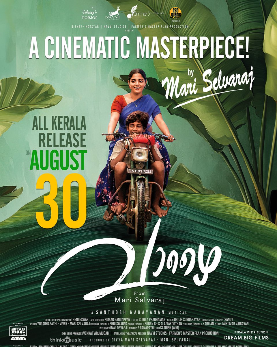 DREAMBIGFILMS (@dreambig_film_s) on Twitter photo We are Happy to Announce <a href="/DreamBig_film_s/">DREAMBIGFILMS</a>
Will bring <a href="/mari_selvaraj/">Mari Selvaraj</a> Marvellous Movie #Vaazhai to Kerala Theatres.
<a href="/Music_Santhosh/">Santhosh Narayanan</a> <a href="/Jayamoorthysing/">Sithan jayamoorthy</a> @ayngaran_offl <a href="/navvistudios/">Navvi Studios</a>
@disneyplusHSTam
<a href="/RedGiantMovies_/">Red Giant Movies</a> <a href="/thinkmusicindia/">Think Music</a> @Fmpp_Films <a href="/Nikhilavimal1/">Nikhila Vimal</a> <a href="/jsujithnair/">Sujith J Nair</a> We are Happy to Announce <a href="/DreamBig_film_s/">DREAMBIGFILMS</a>
Will bring <a href="/mari_selvaraj/">Mari Selvaraj</a> Marvellous Movie #Vaazhai to Kerala Theatres.
<a href="/Music_Santhosh/">Santhosh Narayanan</a> <a href="/Jayamoorthysing/">Sithan jayamoorthy</a> @ayngaran_offl <a href="/navvistudios/">Navvi Studios</a>
@disneyplusHSTam
<a href="/RedGiantMovies_/">Red Giant Movies</a> <a href="/thinkmusicindia/">Think Music</a> @Fmpp_Films <a href="/Nikhilavimal1/">Nikhila Vimal</a> <a href="/jsujithnair/">Sujith J Nair</a>