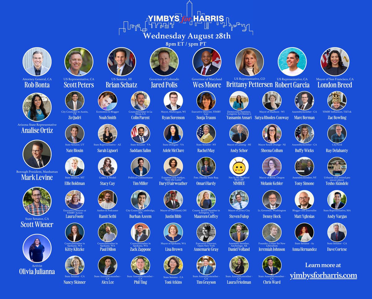 YIMBYDems's tweet photo. What a line up!!! Over 1700 #YIMBYsForHarris have registered to attend our rally for #HarrisWalz2024, the most pro-housing Presidential ticket of our lifetime. Let's do this!!! 🏗️🏘️🌇🎉

Wed 8/28 8pm ET/5pm PT

Register @ https://t.co/B1hdZAsyma

Donate @ https://t.co/saYkwNfaDR https://t.co/6uGmqrrMI4