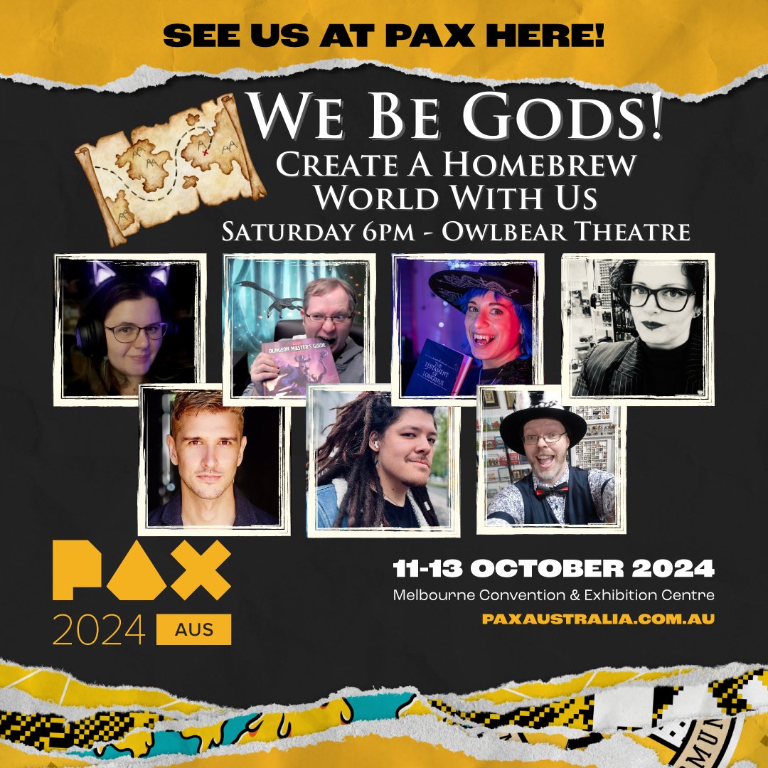 We are so excited to be running our We Be Gods panel at #PAXAus this year, and featuring a truly wonderful line up of Game Masters - <a href="/EllenKGraham1/">EllybeantheDiceQueen🔜PAXAUS</a> <a href="/NephthysNile/">NephthysNile 🧛🏻☕️ (she/they)</a> <a href="/mightyjoeham/">Ham the DM</a> <a href="/kendallsdumb/">Kendall The Human (He/Him)</a> and <a href="/DreadedGM/">Dreaded GM</a>! See you on the Saturday night, 6pm in the Owlbear Theatre!