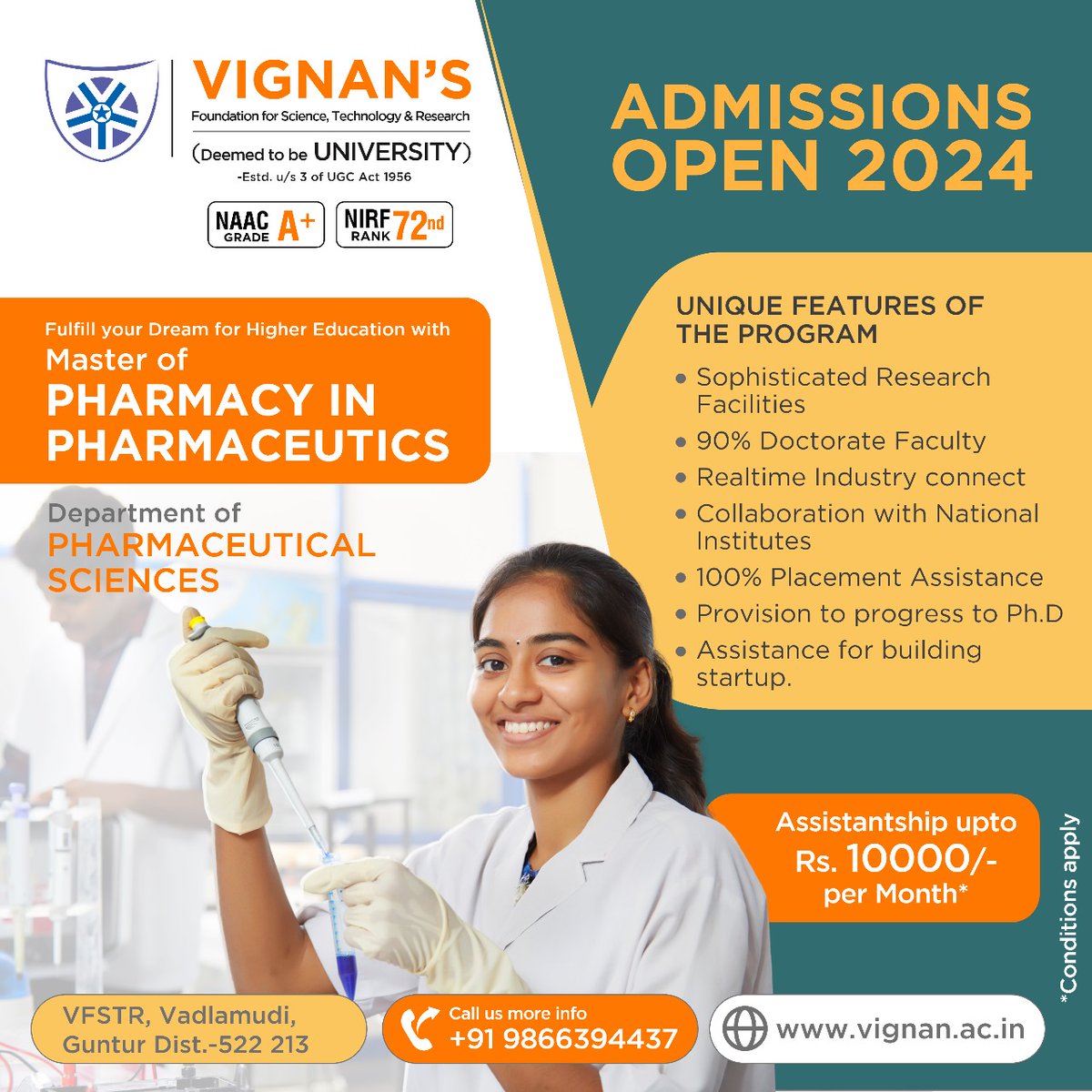 Are you looking to shape your future in the world of pharmaceutical sciences? Join the Masters in Pharmaceutics program at Vignan's University and gain access to...

#pharmacy