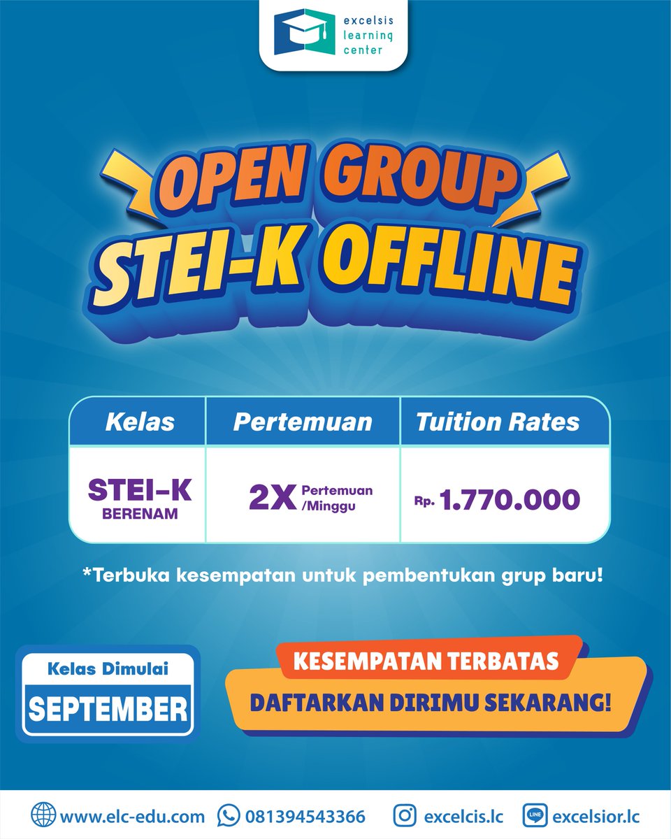 excelsislc's tweet image. 📢OPEN CLASS STEI-K OFFLINE 📢

✅STEI-K Berenam : 1.770.000 2X Pertemuan/Minggu

[KELAS DIMULAI SEPTEMBER 2024]

#institutteknologibandung #itb #tpbitb #bimbeltpb #bimbeltpbitb #steik #steikitb
