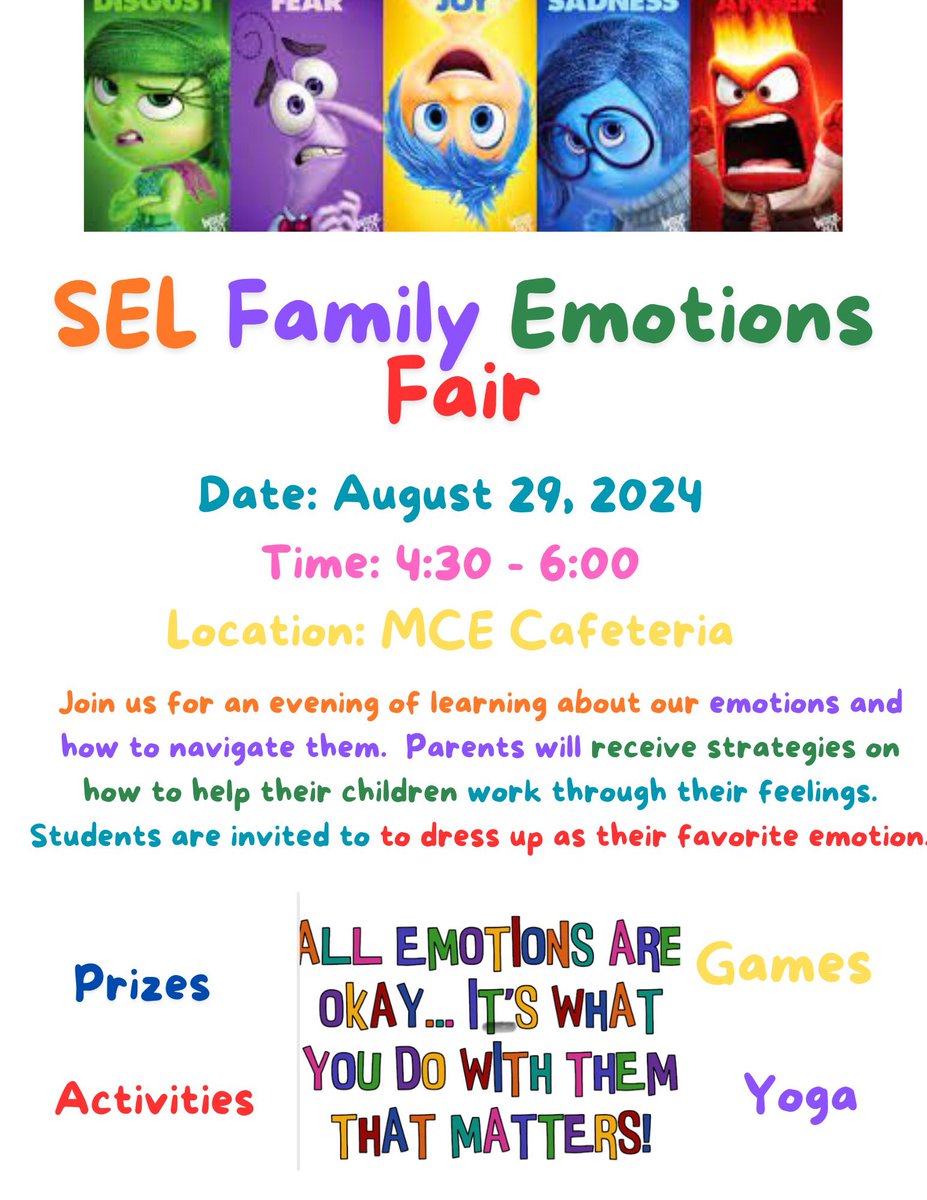 Ituarte_ES's tweet photo. Join us this Thursday, August 29th from 4:30 – 6:00 PM for our SEL Family Emotions Fair!  Come and receive strategies on how to help your children work through their feelings.  

¡Únase a nosotros este jueves 29 de agosto de 4:30 a 6:00 p.m. para nuestra Feria de Aprendizaje Social y Emociones!  Venga y reciba estrategias sobre cómo ayudar a sus hijos a superar sus sentimientos.
#WorkHardMakeItHappen #ALLIN