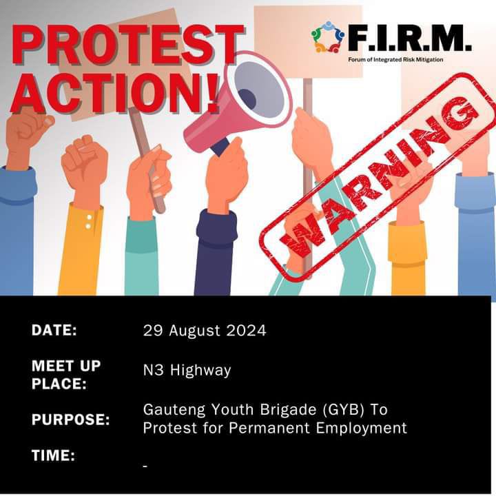 Zulu72944051488's tweet image. #ProtestAlert 

Please be advised that the Gauteng Youth Brigade (GYB) announced a planned shutdown of the N3 Highway on 29 August 2024. 

#FIRM #Community #Safety #TrafficAlerts #ProtestAction #StayAlert #BeAware
@SuzaanHavenga