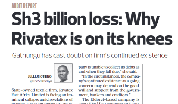 MzalendoWatch's tweet photo. State-owned textile firm, Rivatex East Africa Limited is facing an imminent collapse amid revelations of massive losses amounting to more than Sh3 billion.
via @TheStarKenya https://t.co/JR5hqdR12i