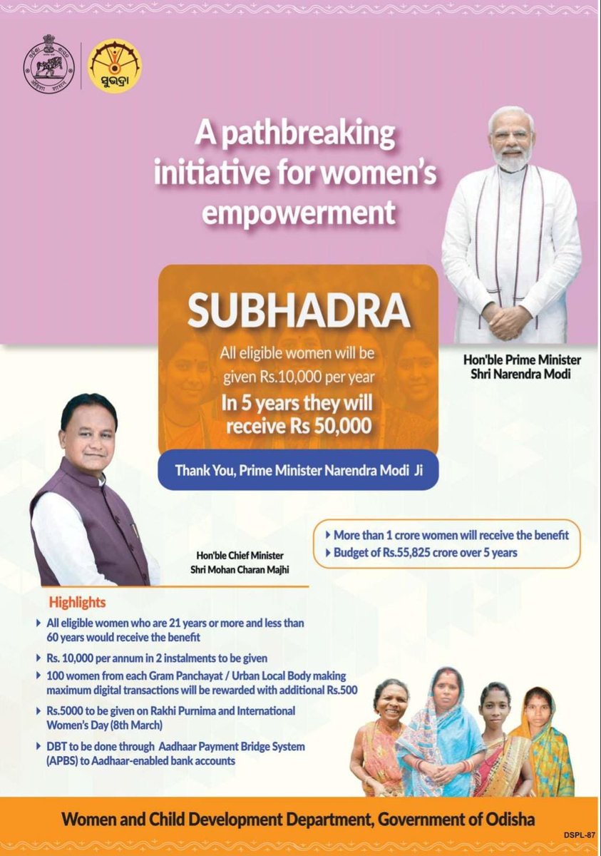 Dharmendra Pradhan (@dpradhanbjp) on Twitter photo Fulfilling one more promise made to mothers and sisters of Odisha.
#SUBHADRA Yojana, PM <a href="/narendramodi/">Narendra Modi</a>’s gift, will accelerate economic and social empowerment of more than 1 crore women. Fulfilling one more promise made to mothers and sisters of Odisha.
#SUBHADRA Yojana, PM <a href="/narendramodi/">Narendra Modi</a>’s gift, will accelerate economic and social empowerment of more than 1 crore women.