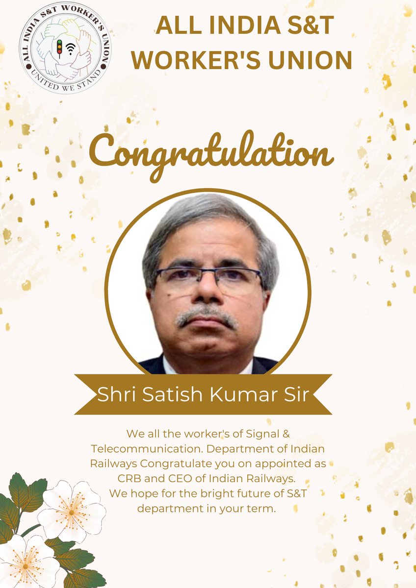 We all the worker's of Signal &amp; Telecommunication. Department of Indian Railways Congratulate you on appointed as CRB and CEO of Indian Railways. 
We hope for the bright future of S&amp;T department in your term. 
<a href="/RailMinIndia/">Ministry of Railways</a>