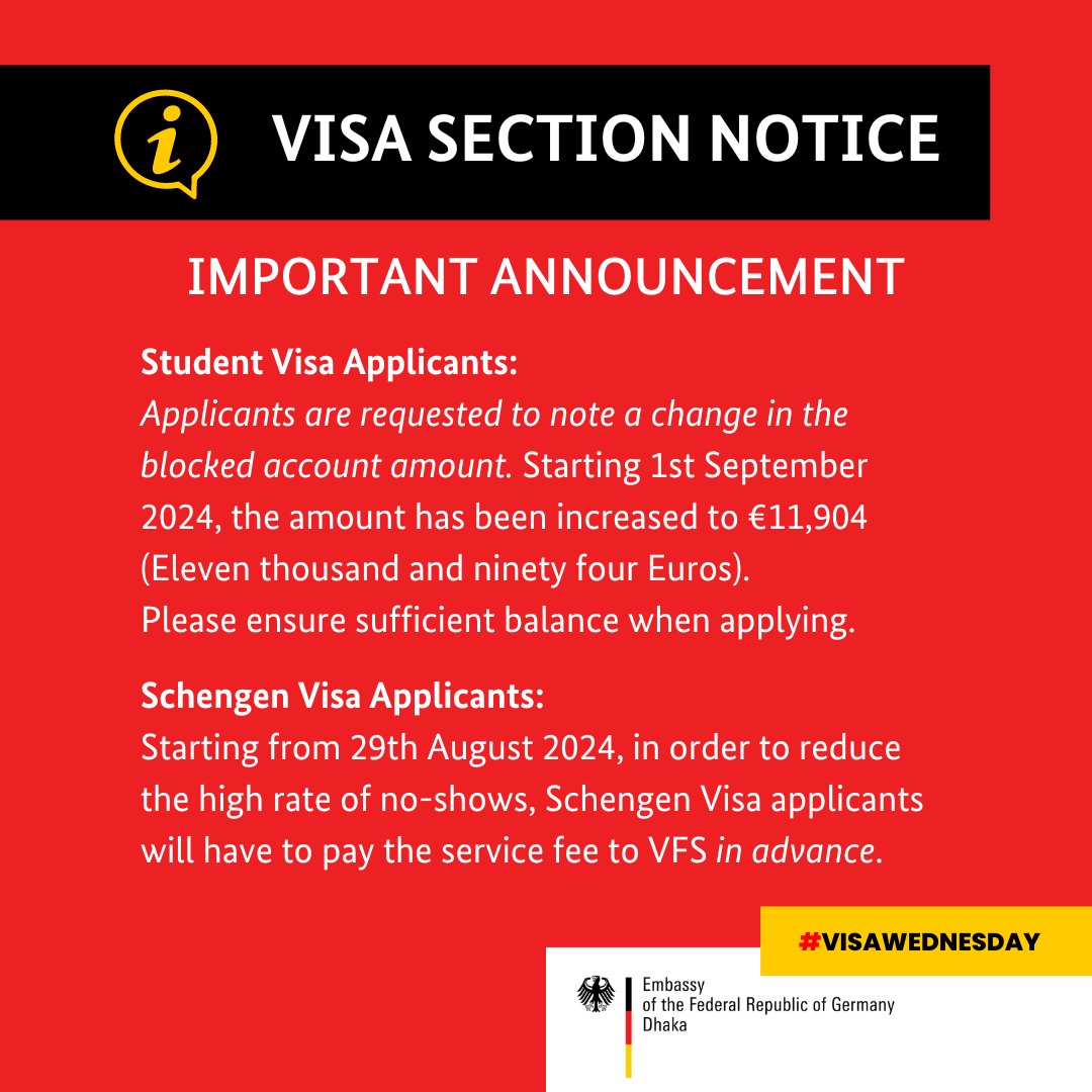 GermanEmbassyBD's tweet photo. #VisaWednesday
Prospective applicants are requested to note the changes in Student Visa and Schengen Visa Categories. https://t.co/n3d9aYVDcA