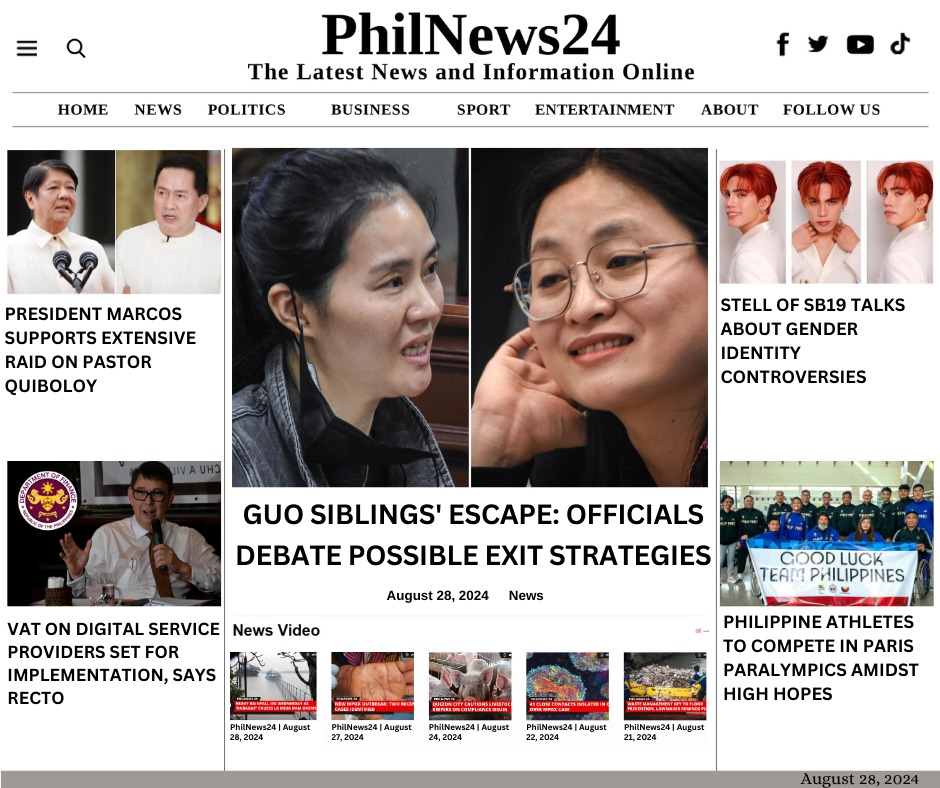 PhilNews24's tweet image. PhilNews24 | August 28, 2024
For the latest news, visit: philnews24.org

#pbbmadministration #support #extensiveraid #Quiboloy #guosiblings #escape #departmentoffinance #valueaddedtax #digitalservices #SB19_STELL #genderidentity #paraathletics #ParisParalympics2024