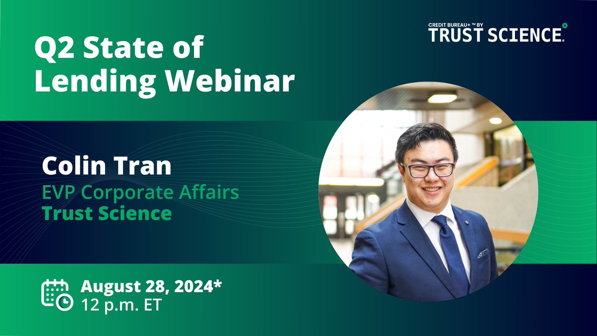 Last chance for our Q2 State of Lending Webinar! Tomorrow at 12PM ET!⏰ 

Join Colin Tran as he leads an insightful discussion on the economic and lender trends shaping consumer lending.💡

Register here: trustscience.zoom.us/webinar/regist…