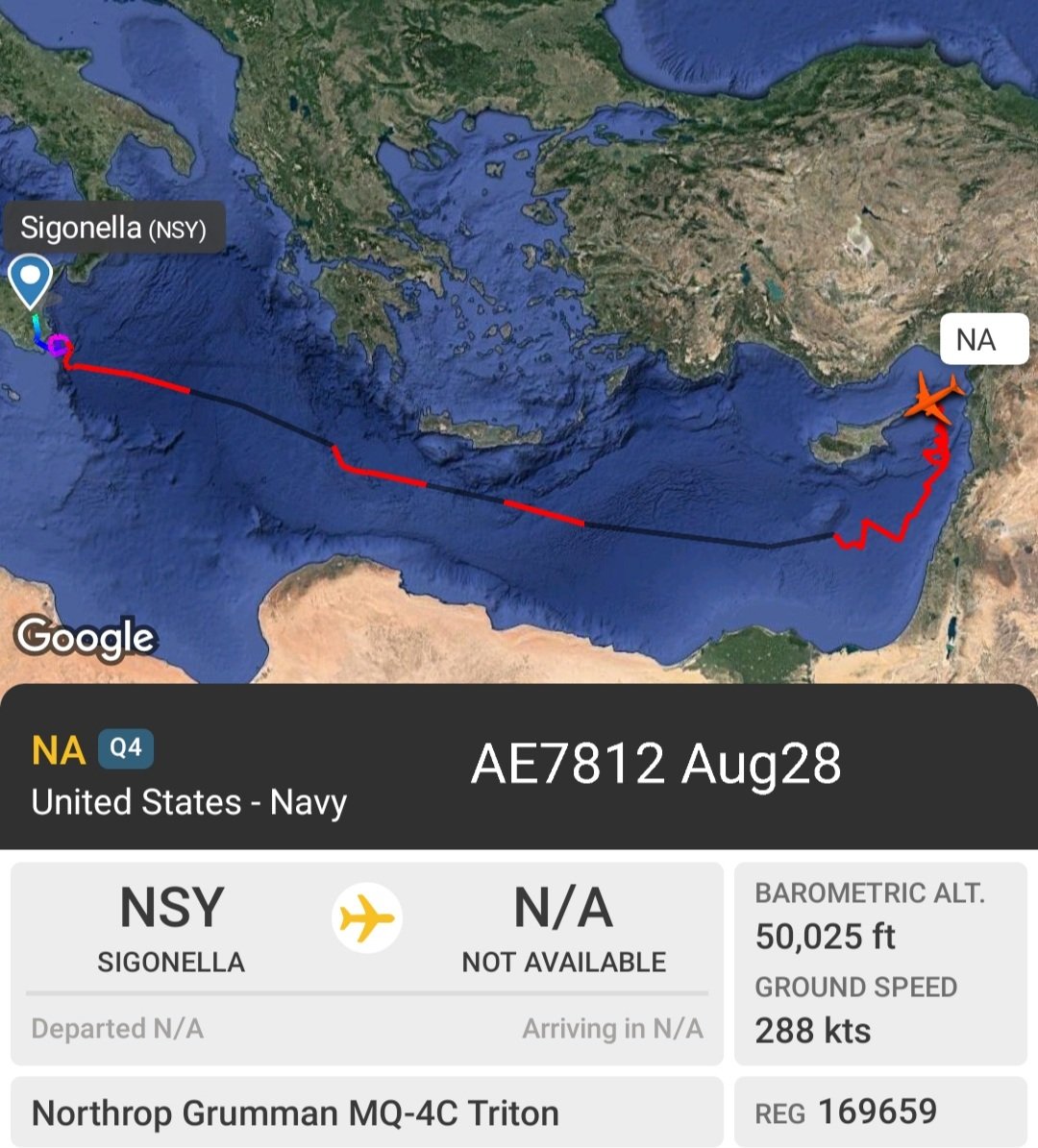 LebanonJets's tweet photo. Military: #USN UnitedStates Navy #MQ4C has no callsign today though usually uses #BLKCAT out of #Sigonella #Sicily with same hex #AE7812 scanning #Lebanon & #Syria
Line of Sight distance: +440km
Radio horizon - Service range: +510km
Public track: https://t.co/yeCPWN5vS7 https://t.co/fwQSOkl6OH