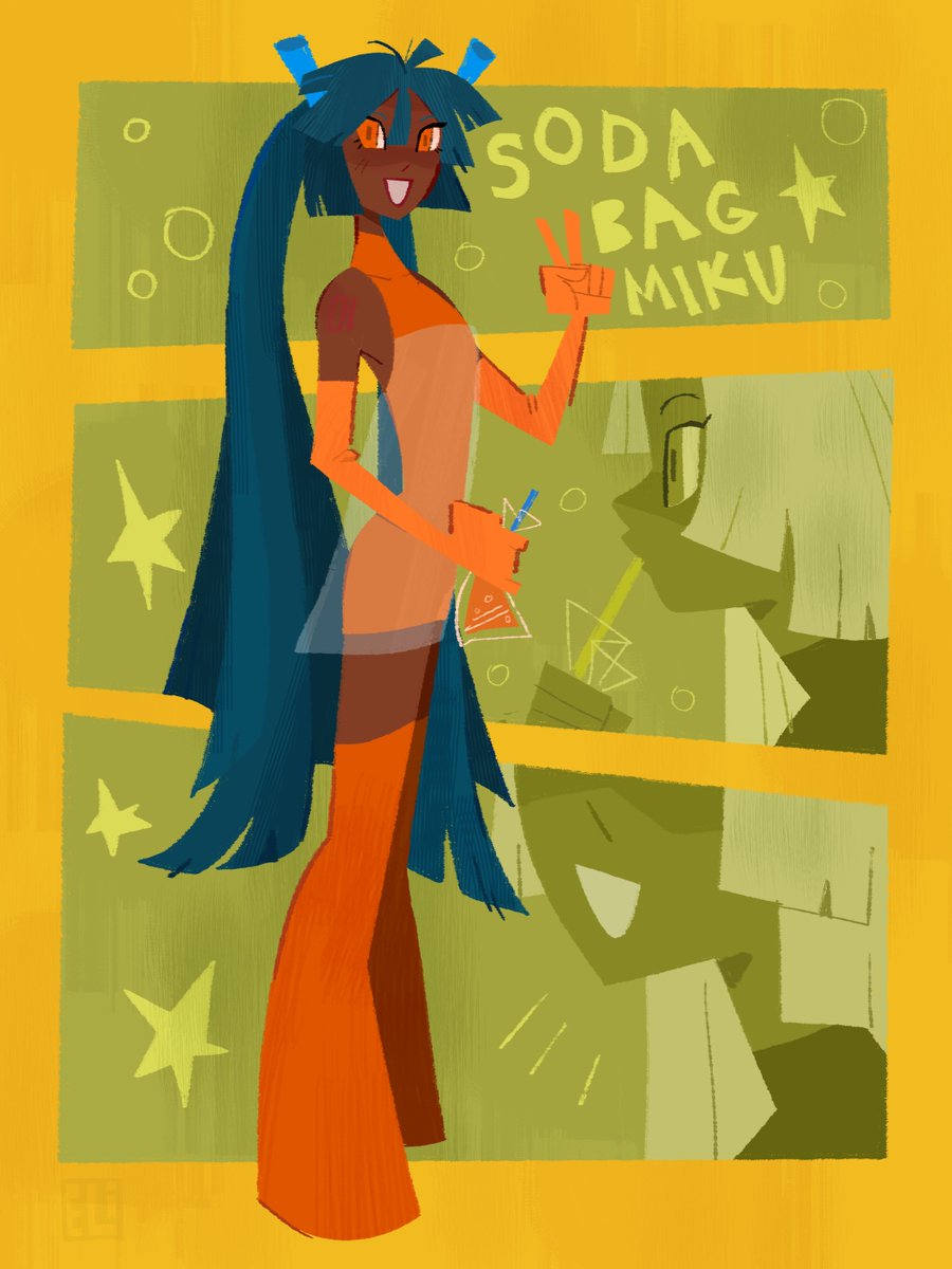 emillustrating's tweet photo. filipino miku but she's serving plastic bag sari-sari store soda 🧡🥤 https://t.co/FpjDWmVh42