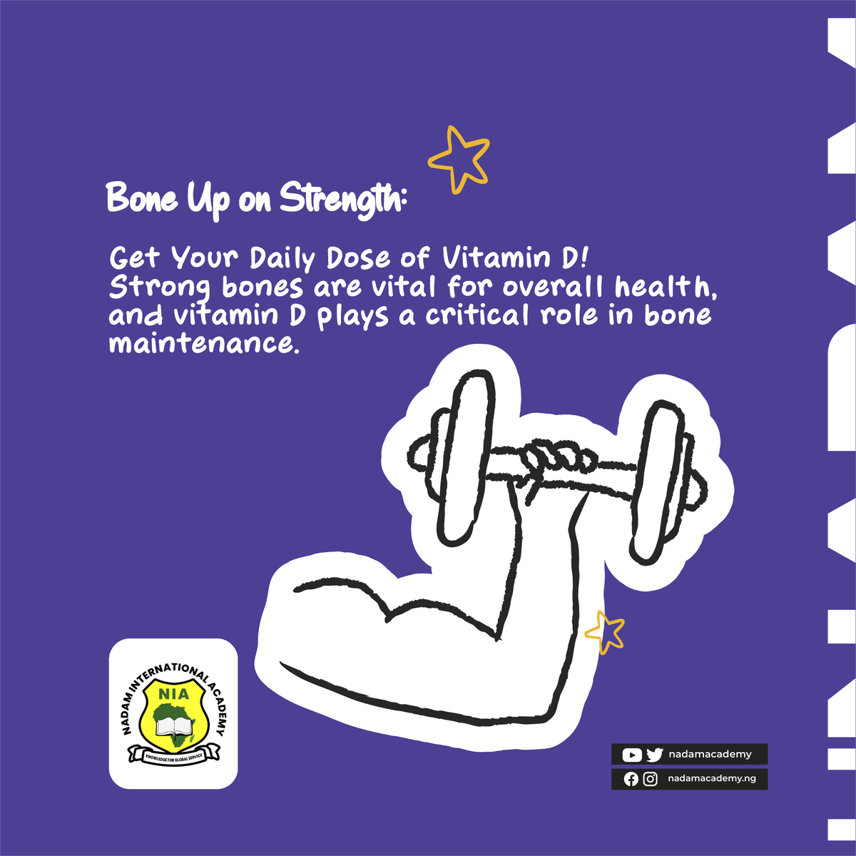 nadamacademy's tweet image. Bone Up on Strength:
Get Your Daily Dose of Vitamin D! Strong bones are vital for overall health, and vitamin D plays a critical role in bone maintenance. 

#wednesdaywellness #tagfire #smile #health #followers #viral #27thaugust #nadamacademy