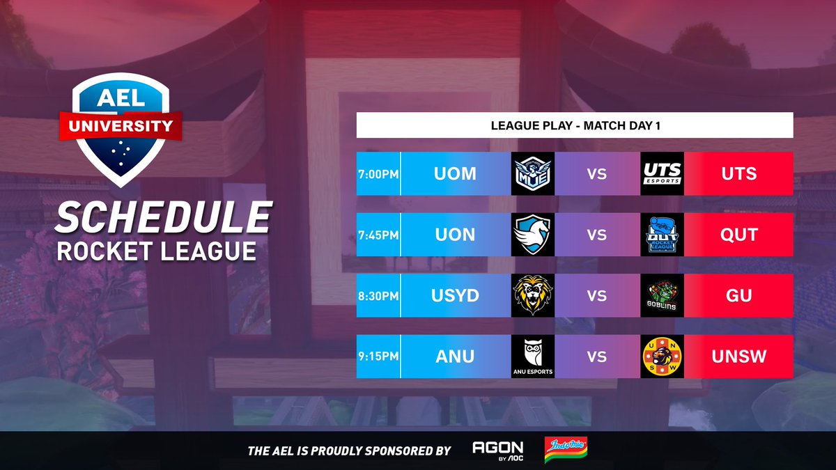 Australian Esports League (@auesportsleague) on Twitter photo The AEL University Elite Series returns with Match Day 2 of Rocket League!
🔴6:45PM AEST
📺twitch.tv/auesportsleague
🎙️ <a href="/JakeRL/">JakeRL</a> & <a href="/QueenMorgie_/">QueenMorgie</a>
🎬<a href="/BkWhatOCE/">Bk</a> & <a href="/OliKiwii/">Olii</a>
The AEL is proudly sponsored by <a href="/AGONbyAOC/">AGON by AOC</a> & <a href="/Indomielovers/">Indomie</a> The AEL University Elite Series returns with Match Day 2 of Rocket League!
🔴6:45PM AEST
📺twitch.tv/auesportsleague
🎙️ <a href="/JakeRL/">JakeRL</a> & <a href="/QueenMorgie_/">QueenMorgie</a>
🎬<a href="/BkWhatOCE/">Bk</a> & <a href="/OliKiwii/">Olii</a>
The AEL is proudly sponsored by <a href="/AGONbyAOC/">AGON by AOC</a> & <a href="/Indomielovers/">Indomie</a>