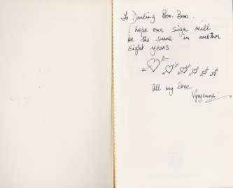Found! inside 2nd-hand copy of More Signs of the Times:

"To Darling Boo Boo.

I hope our sign will the same in another eight years

[heart &amp; arrow doodle x 6 – steadily getting smaller]

All my love

Vyvyenne"

bookdedications.co.uk/more-signs-of-…