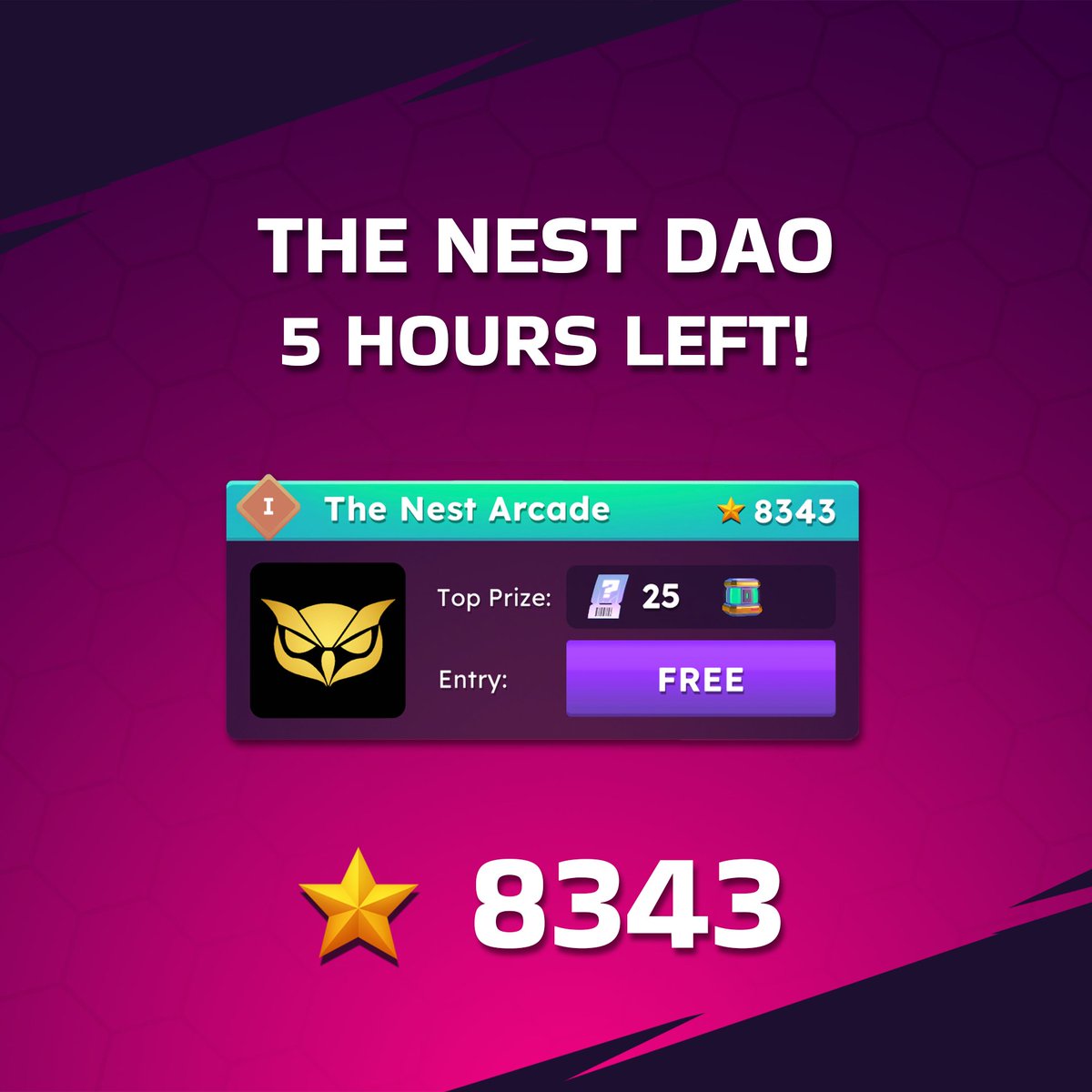 With over 5 hours left, <a href="/TheNest_DAO/">The Nest</a> has scored 8k+ points in the Community Cup, securing a Top 10 spot!

🔥Can they make it to the Top 5? We’ll find out soon!

Meanwhile, here’s how you can help 👇

⚔️ Join the event and win battles
🏆 Each battle won gives The Nest a point
🎟️