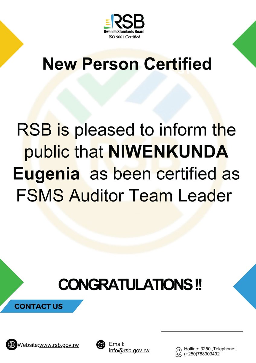 Rwanda Standards Board (@rwandastandards) on Twitter photo RSB is pleased to inform the public that Ms Eugenia NIWENKUNDA has been certified as ISO 22000: 2018 FSMS Audit Team Leader.
CONGRATULATIONS!
<a href="/RwandaLabour/">Ministry of Public Service and Labour | Rwanda</a> <a href="/Rwandafda/">Rwanda Food and Drugs Authority</a> <a href="/MurenziRaymond/">Murenzi Raymond</a>
<a href="/P_Sebahizi/">Prudence Sebahizi</a> <a href="/RwandaTrade/">Min of Trade |Rwanda</a> <a href="/AKajangwe/">Tony Kajangwe</a> RSB is pleased to inform the public that Ms Eugenia NIWENKUNDA has been certified as ISO 22000: 2018 FSMS Audit Team Leader.
CONGRATULATIONS!
<a href="/RwandaLabour/">Ministry of Public Service and Labour | Rwanda</a> <a href="/Rwandafda/">Rwanda Food and Drugs Authority</a> <a href="/MurenziRaymond/">Murenzi Raymond</a>
<a href="/P_Sebahizi/">Prudence Sebahizi</a> <a href="/RwandaTrade/">Min of Trade |Rwanda</a> <a href="/AKajangwe/">Tony Kajangwe</a>