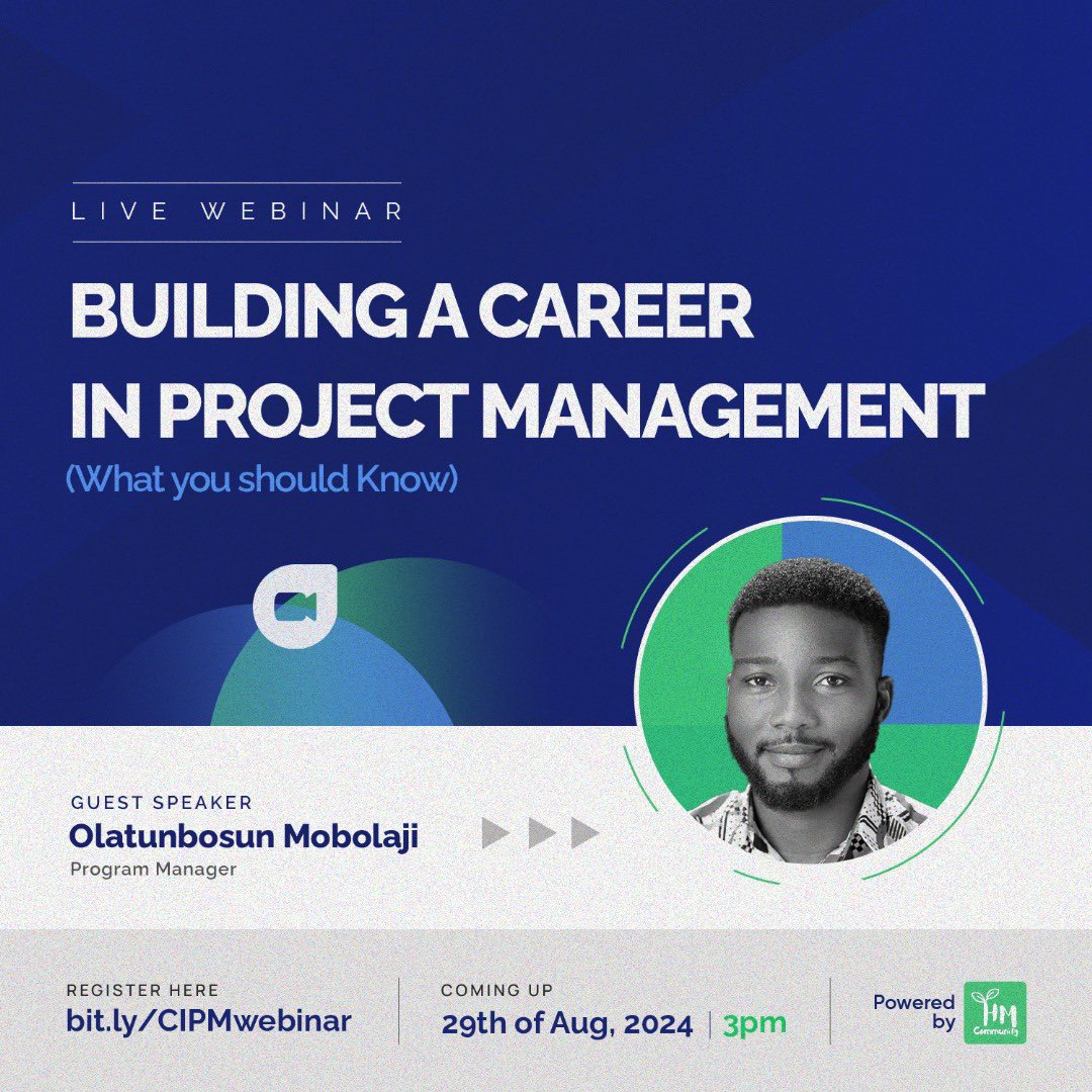 JoinHMCommunity's tweet photo. Don’t miss this opportunity to learn from a seasoned program manager! 
Olatunbosun Mobolaji will be sharing his insights on building a successful career in project management. 

Register for the webinar on August 29th👇🏽
https://t.co/DGzwiahXrw 

#careertips #projectmanagement https://t.co/xqRVcRYvfQ