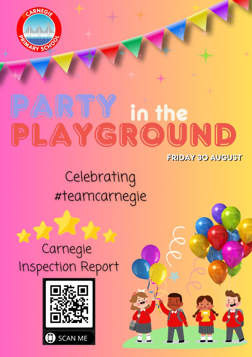 CarnegiePS's tweet photo. Children and staff are taking the opportunity on Friday to celebrate our recent publication of HMIe inspection with a party in the playground. #teamcarnegie #soaringtosuccess https://t.co/5MwfAdFEme