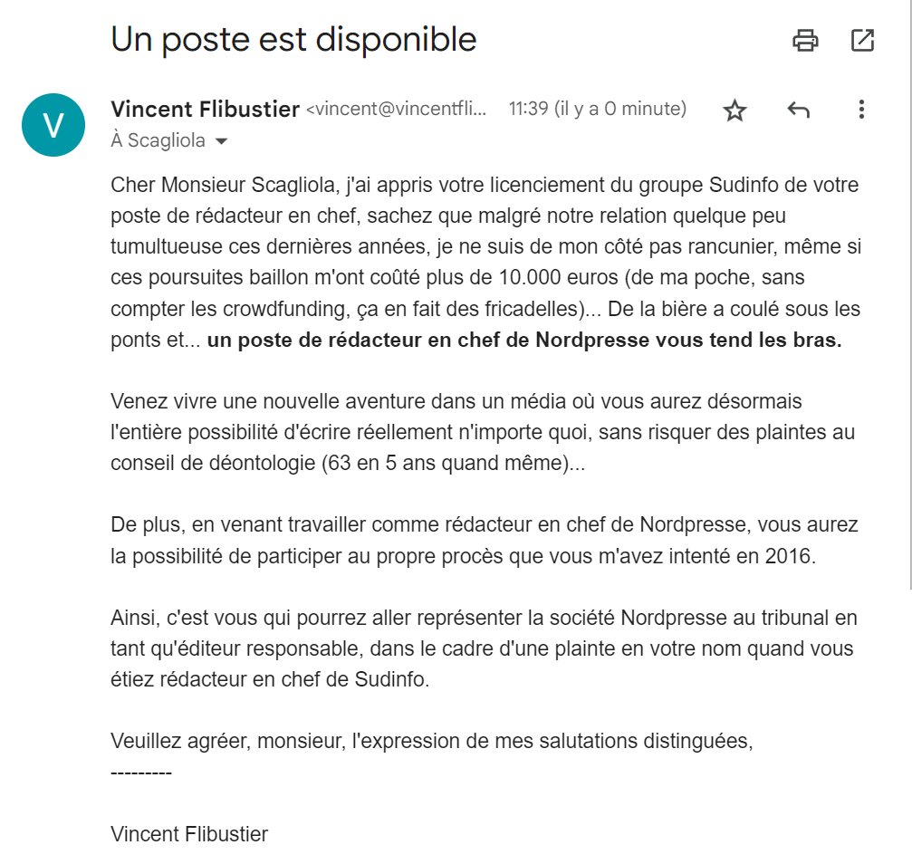 J'ai décidé d'apporter mon soutien à un confrère au chômage en offrant un poste de rédacteur en chef à Démetrio Scagliola, qui vient de se faire licencier de Sudpresse.