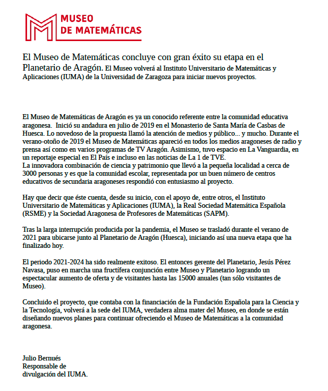 SAPMciruelos's tweet photo. Una mala noticia. Desaparece el Museo de las Matemáticas de su ubicación actual. Deseamos que no desaparezca el interés que la comunidad educativa siempre ha mostrado y que pronto podamos seguir disfrutando de propuestas a la altura de la que teníamos en Huesca. Difusión 🙏. https://t.co/faCIUGHyY7