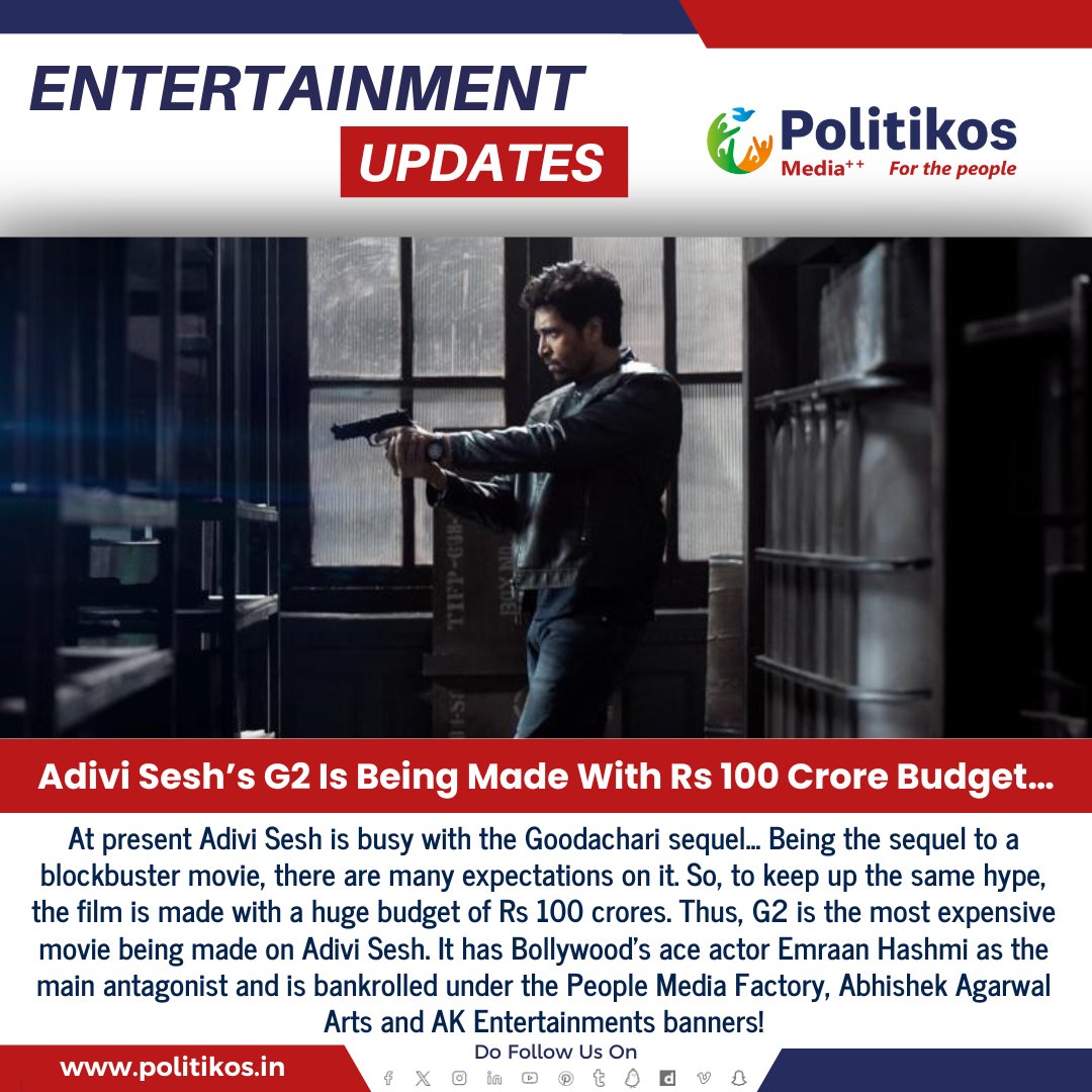 imwpolitikos's tweet photo. Adivi Sesh’s G2 Is Being Made With Rs 100 Crore Budget…
#Politikos
#Politikosentertainment
#Tollywood
#MomentsofG2
#G2 #Goodachari2
#Goodachari
#MAJOR
#MajorSandeepUnnikrishnan https://t.co/KpZtuGIthq