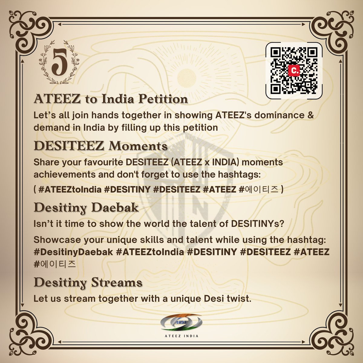 ATEEZ_India's tweet photo. [⚓] ATEEZ to India Project

DAY 5: Desitinys, our voyage to bring ATEEZ is on board, join us!

Sign the petition✍🏼:
https://t.co/tWpZqk9HhO 

Add TOORLY requests👇🏼
Delhi:
https://t.co/oLWNiGBHff
Mumbai:
https://t.co/4b2KlE2nMe

#ATEEZtoIndia #DESITINY #DESITEEZ #ATEEZ  #에이티즈 https://t.co/pt5OWPBchC