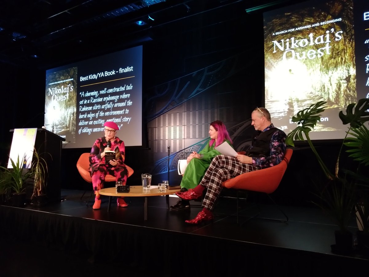 fionajay3's tweet photo. Special Award for Best Dressed at the Ngaio Marsh Awards goes to Best Kids/YA nominee Diane Robinson, author of Nikolai's Quest and Bookshop Detectives Louise and Gardth Ward. Those shoes!! @WORDChCh @ngaiomarshaward @ChristchurchLib @WardiniBooks https://t.co/Yta9TGAQcl