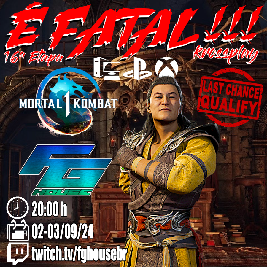 fghousebr's tweet photo. 16ª Etapa É Fatal Krossplay - LCQ
Dias 02 E 03/09 - 20h
Dia 02 - Eliminatórias FT3 - Lutas aleatórias transmitidas
Dia 03 - TOP 8 FT3 - todas as lutas transmitidas
Informações e inscrição em https://t.co/gA6OCvJJeR
Transmissão: https://t.co/PfZ4qKwoQS https://t.co/Iq01boMoGs