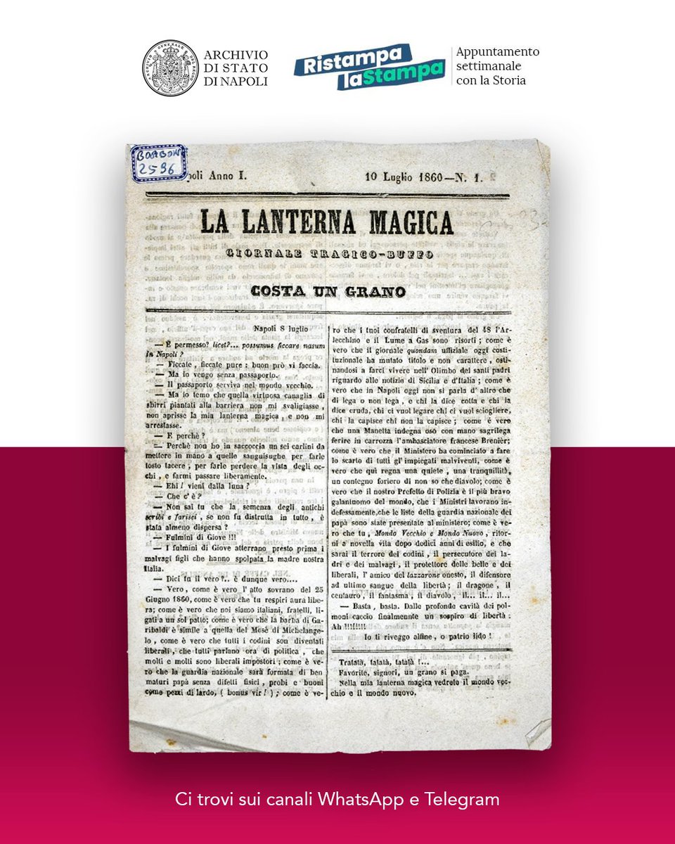 Vi ricordiamo che domani, pubblicheremo sui nostri canali WhatsApp e Telegram, la copia del giornale "La Lanterna Magica, 10 luglio 1860".
Per accedere alla consultazione, basta iscriversi ai canali attraverso i seguenti link:
whatsapp.com/channel/0029Va…
t.me/archiviodistat…