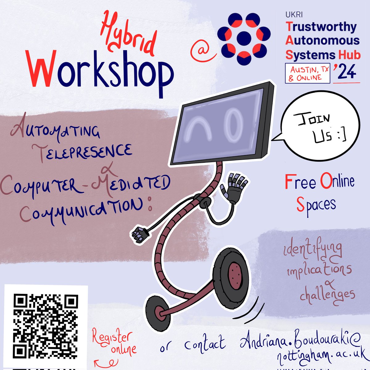 we are running a super cool workshop about telepresence robots - you can (and should) join us FREE online 16th September 09-13 (UTC -5 / 15-19 BST) or if you're coming to the TAS Symposium in person, join us right there in Austin! lnkd.in/es_n3gz8 #telepresence #hri #tas24