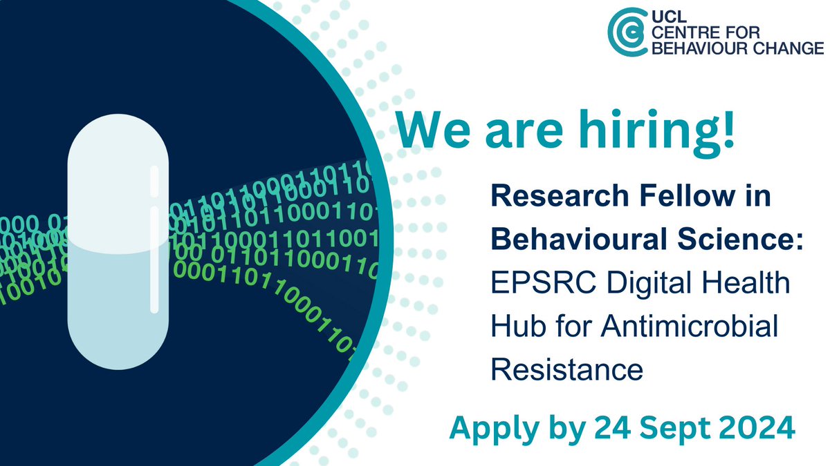 UCLBehaveChange's tweet photo. 🚨 New job vacancy - we're looking for a #ResearchFellow in #BehaviouralScience to work on the @EPSRC funded Digital Health Hub for Antimicrobial Resistance, working closely with our Co-Director @fabilorencatto.
Apply by 24 Sept: https://t.co/f13sBzMuIX
Please spread the word! https://t.co/RfOMW5keoK