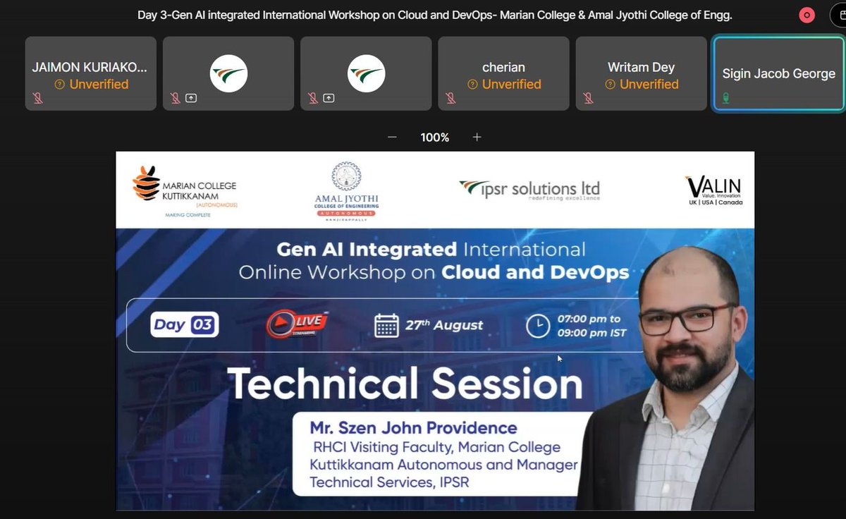 ipsr_solutions's tweet photo. Day three of Gen AI Integrated International Online Workshop on Cloud and DevOps!

#onlineworkshop #rhel #redhat #cloudanddevops https://t.co/bTJmOH04ep