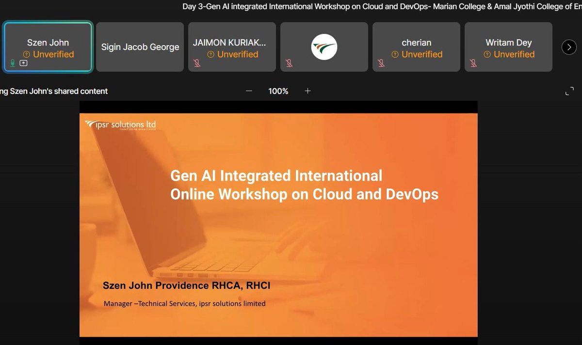 ipsr_solutions's tweet photo. Day three of Gen AI Integrated International Online Workshop on Cloud and DevOps!

#onlineworkshop #rhel #redhat #cloudanddevops https://t.co/bTJmOH04ep