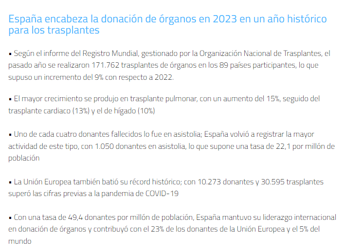En 2023 hubo 171.762 trasplantes de órganos en 89 países. Es el mayor dato registrado hasta la fecha y, pese a la mejora en todo el mundo, España sigue siendo líder  #OrgulloONT💙

ont.es/2024/08/28/htt…